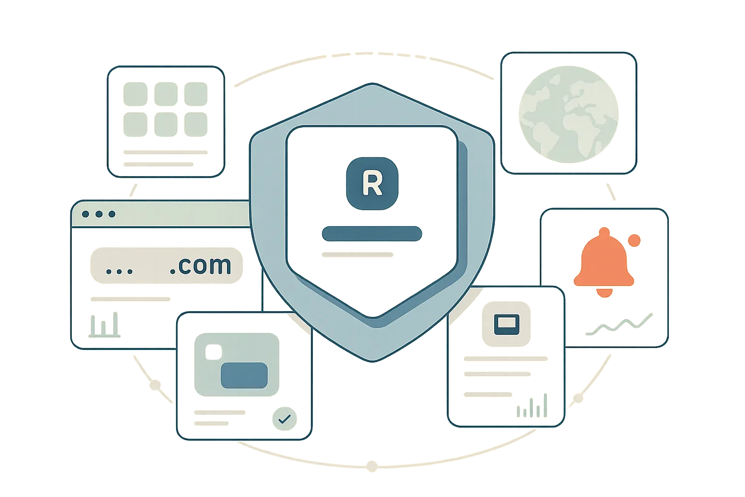 Layered UI-card shield with orbiting domain, app, marketplace, globe, and alert tiles.