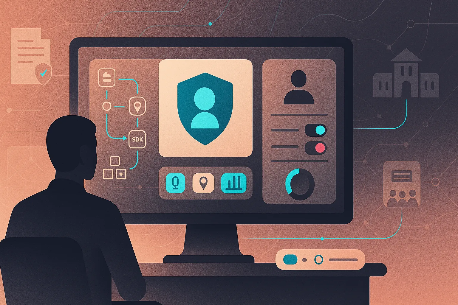 Adult silhouette viewing COPPA-style dashboard with child shield, data flows, and consent controls