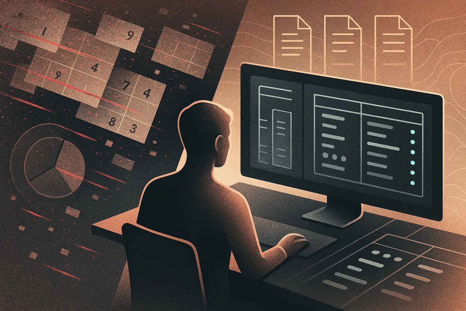 Founder silhouette in split scene: glitchy spreadsheets vs clean cap table; docs feed in