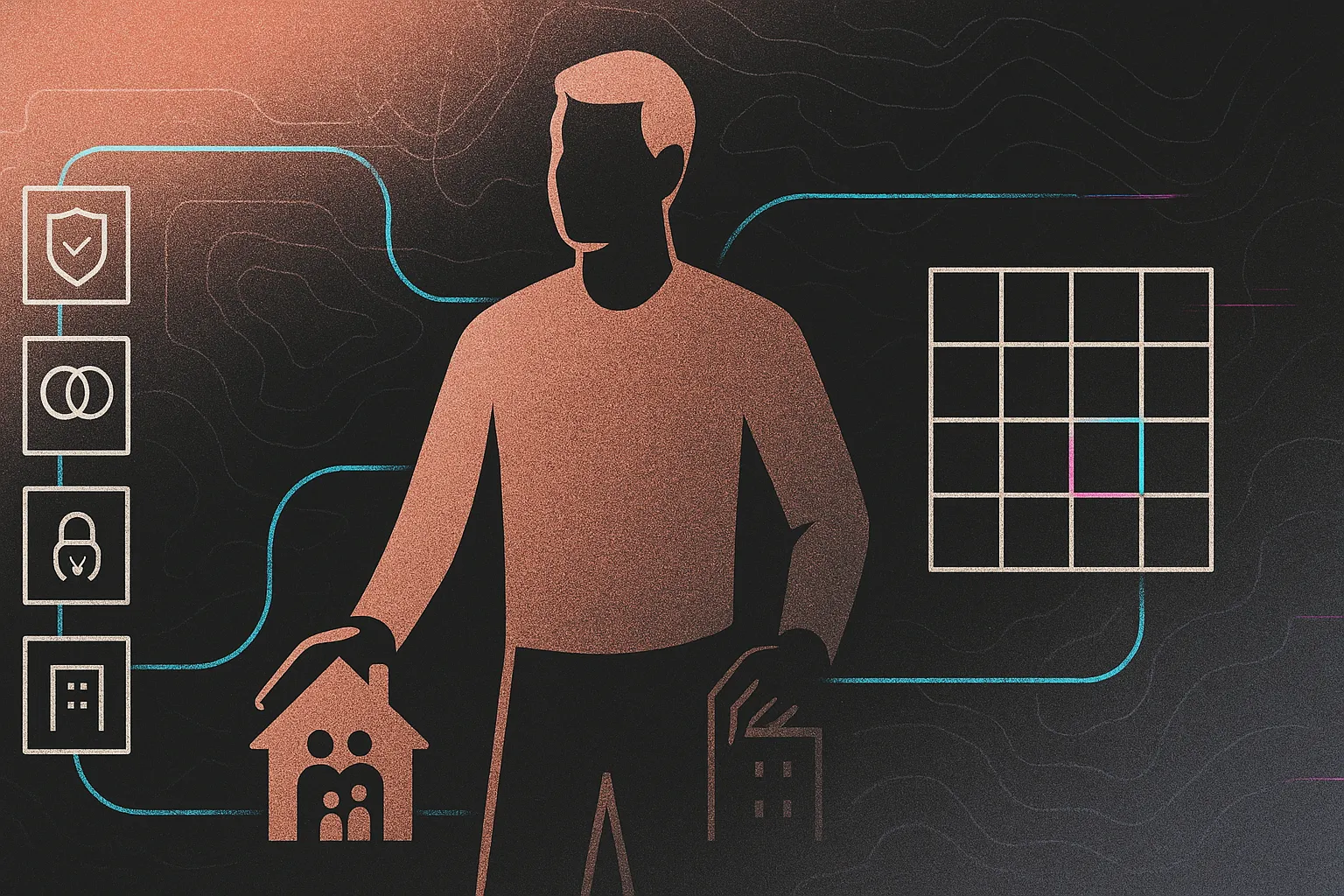 Rose-gold founder silhouette between legal checklist and cap table, balancing family and startup.