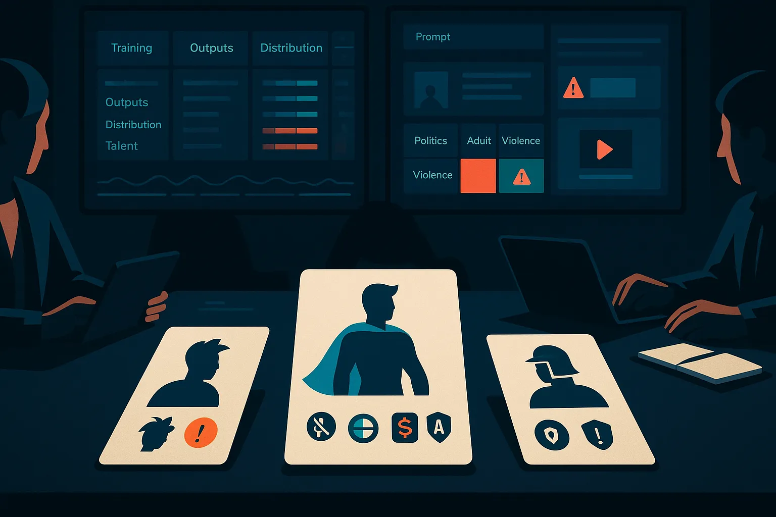 Modern war room with tagged AI character cards, team at table, and a governance dashboard