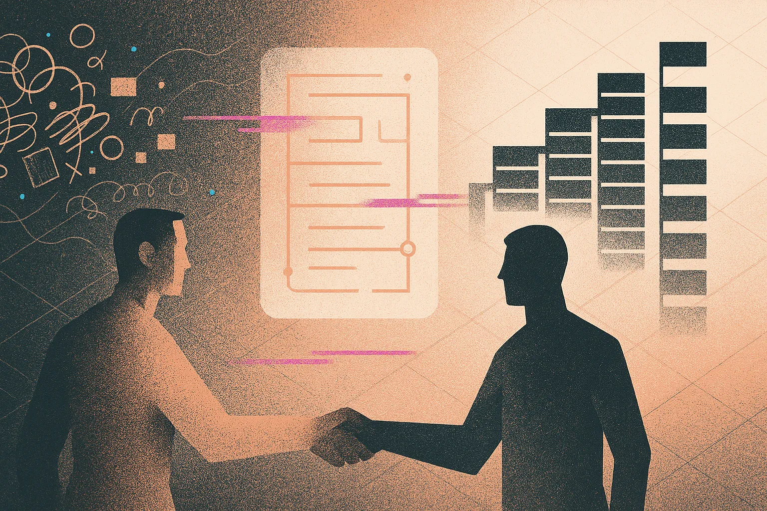 Two metallic silhouettes, floating contract; left chaos morphs to right clean cap table.
