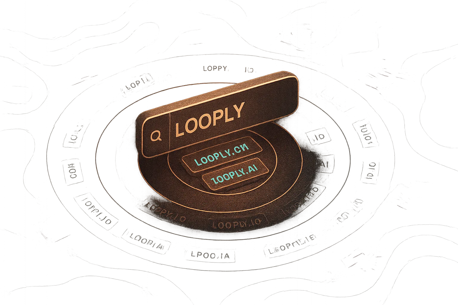 Address bar with concentric domain rings, rose-gold shield, glitching outliers, subtle topo lines.