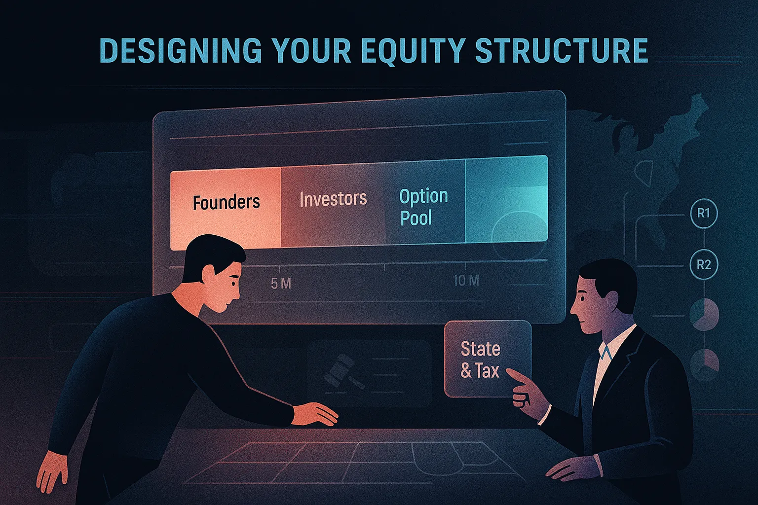 Illustration: founder and counsel refine a cap table with authorized ceiling, roadmap, and pool.