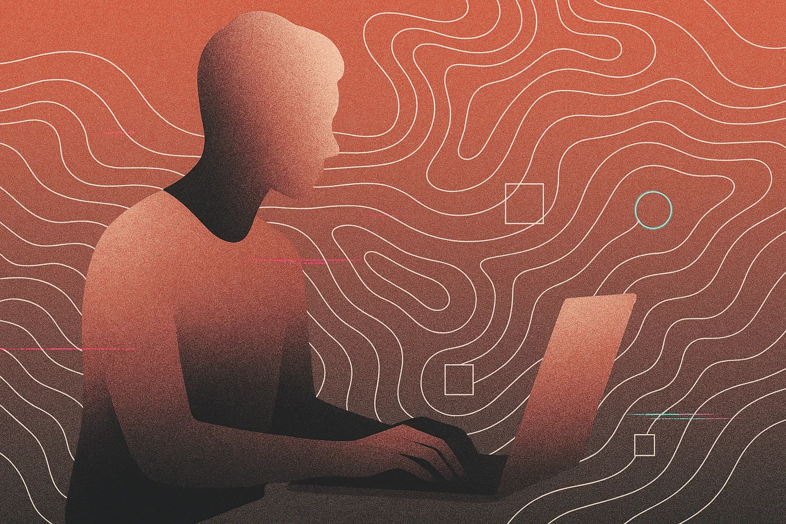 Graphic silhouette founder at laptop in rose-gold/charcoal with topo lines, cyan nodes, glitch bands.