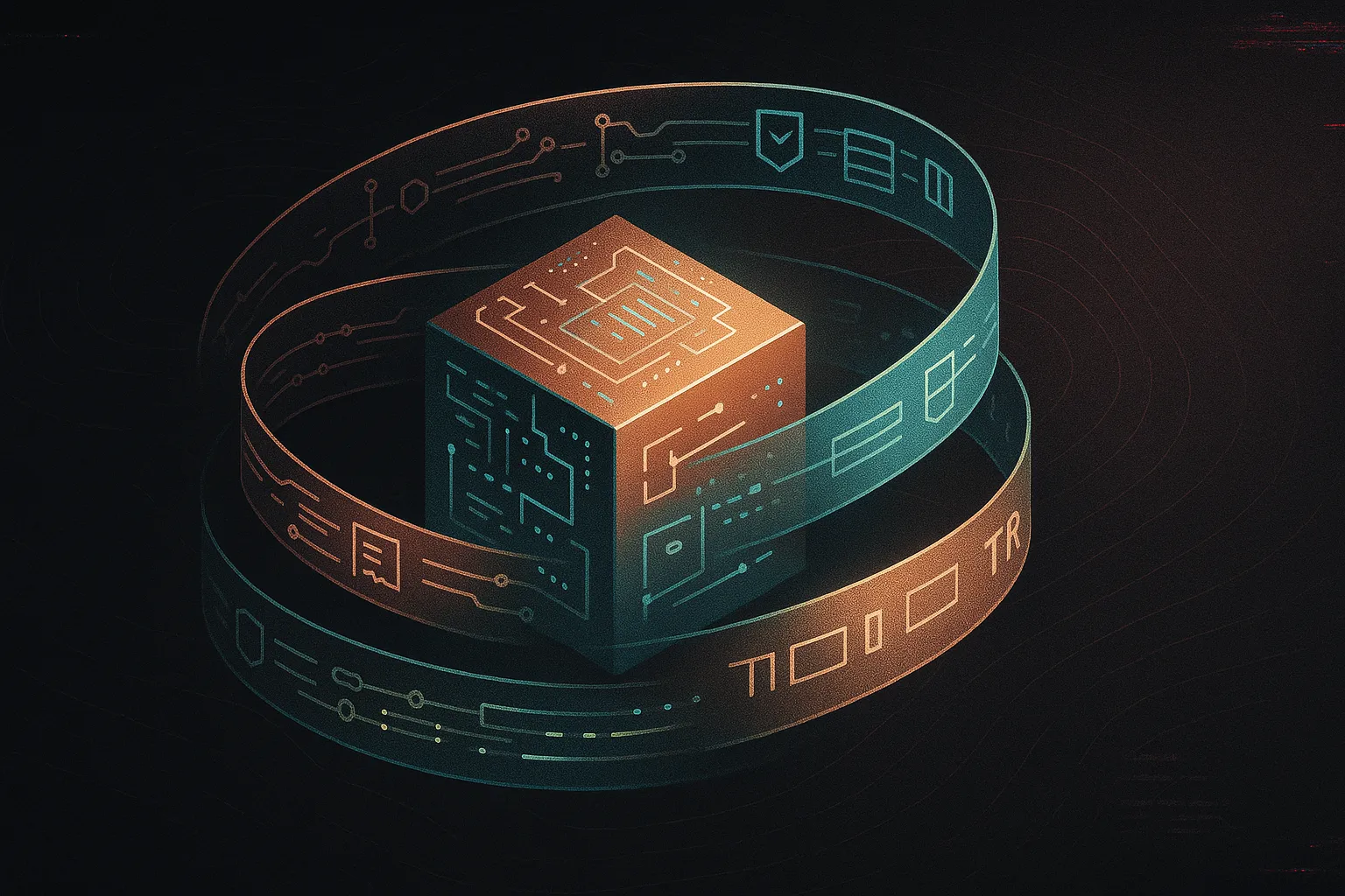 Glowing circuit cube with orbiting IP, data, and brand bands—legal scaffolding for a startup
