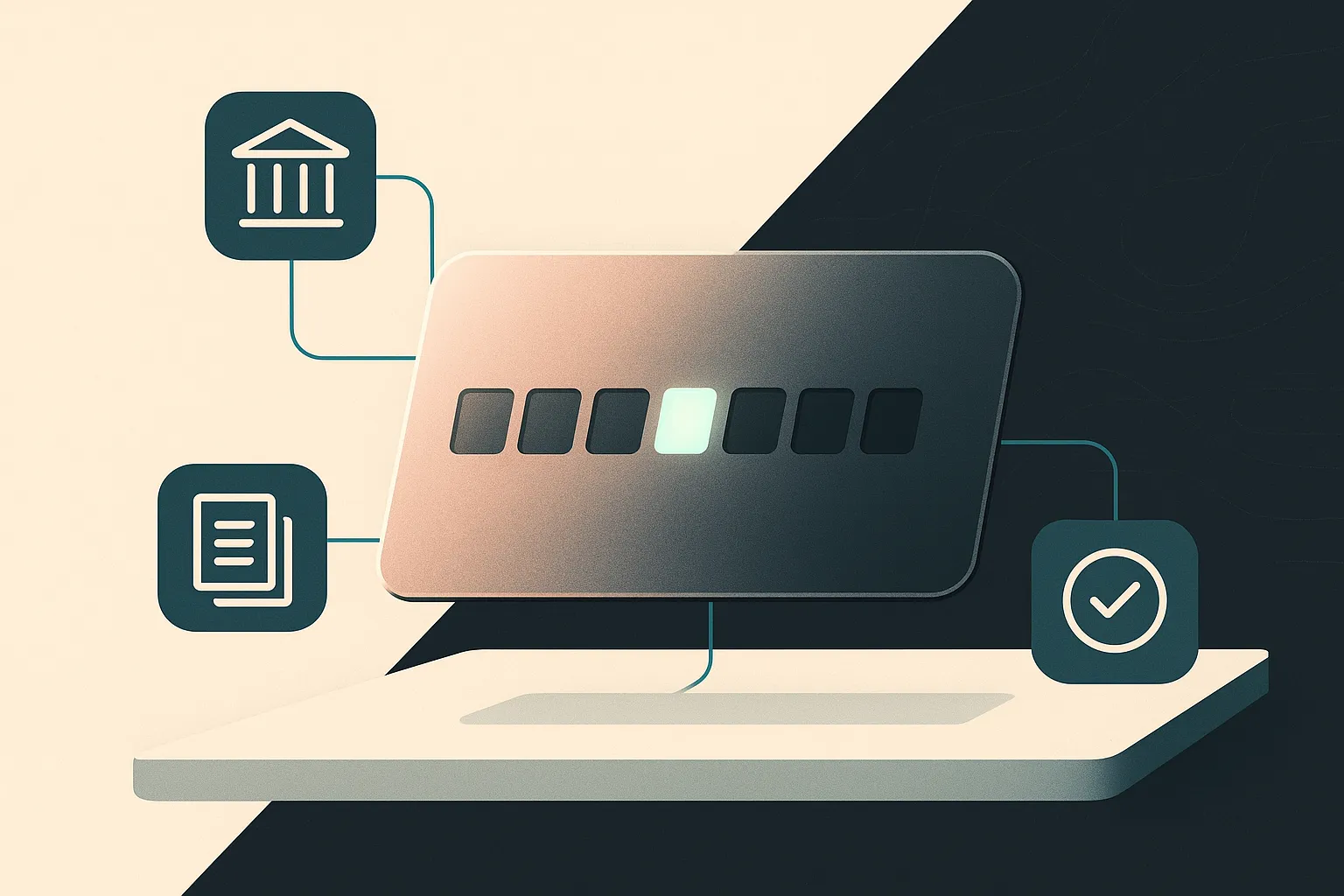 Metallic 9-block EIN card hovers over desk, linked to bank, payroll, contract icons.