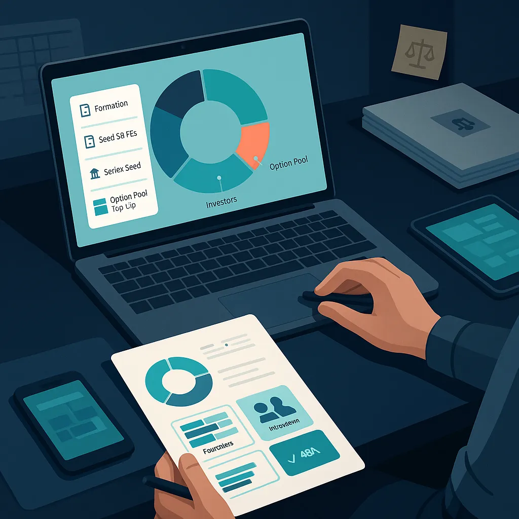 Founder reviews clean cap table dashboard on laptop, a control panel replacing messy spreadsheets.