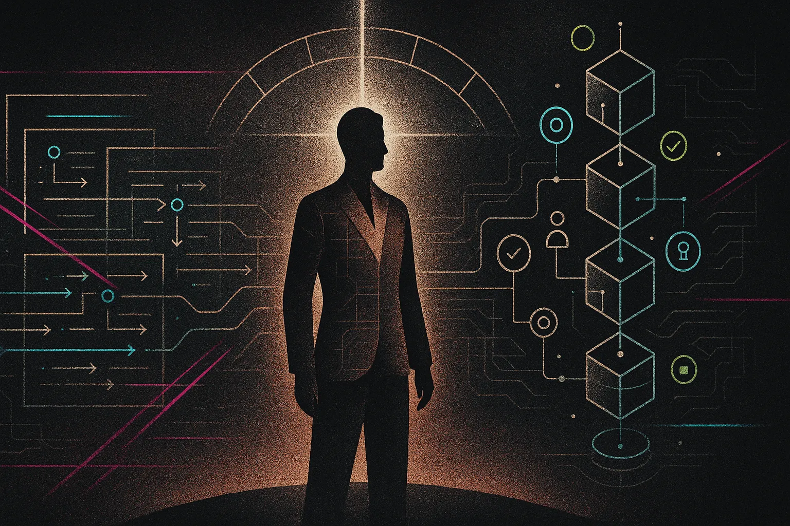 Confident lawyer silhouette bridging abstract AI pipeline and Web3 blockchain with grainy glitch accents
