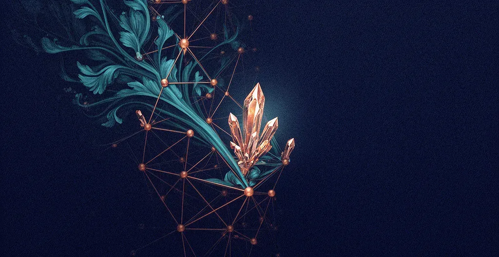 Teal crystalline forms emerge from copper lattice amid baroque foliage on deep navy background