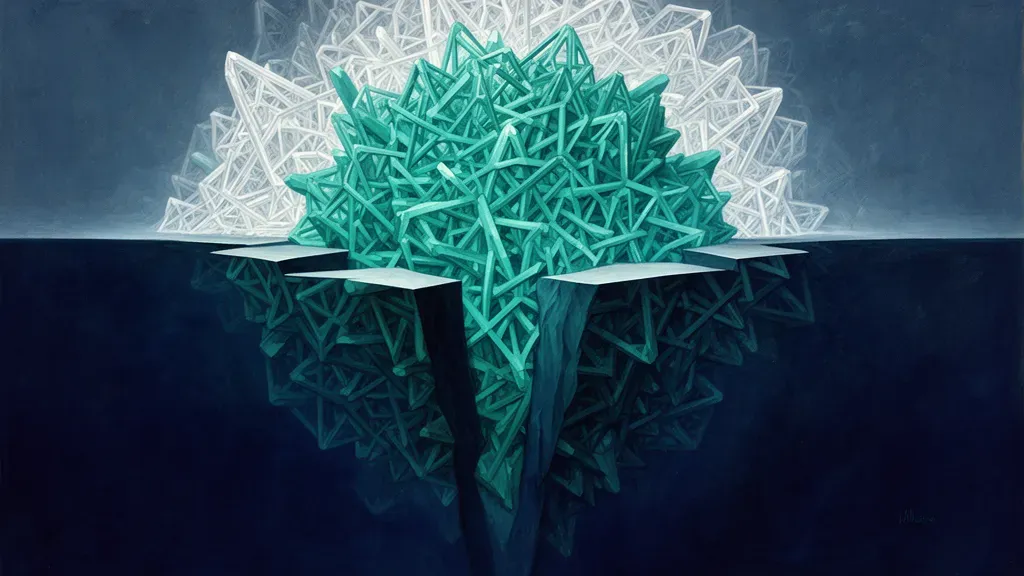 Abstract teal crystal lattice with sharp break on navy, grainy fresco texture, dark right void