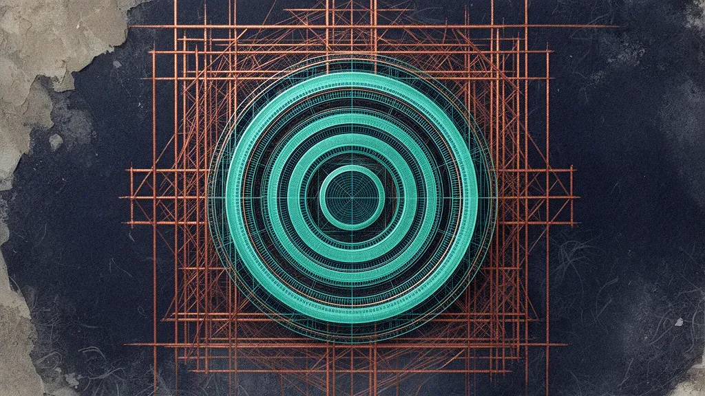 Abstract fresco with teal concentric circles in copper lattice on navy, left-weighted.