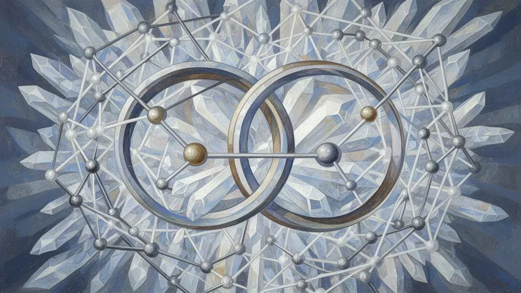 Abstract fresco: teal interlocking rings and copper lattice on navy, aged grain, right void