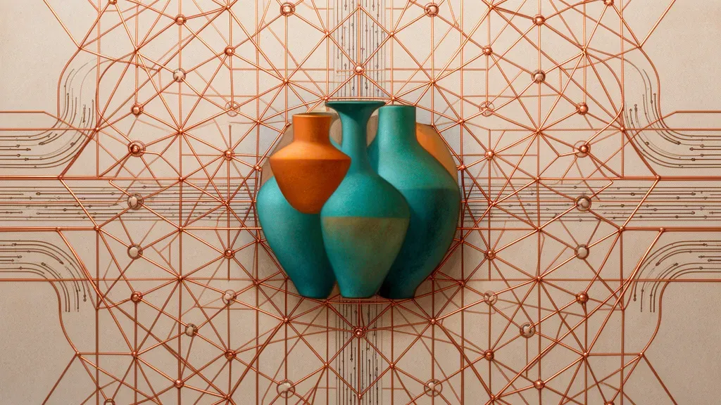 Abstract teal vessels in copper lattice on deep navy fresco, left-centered with right negative space