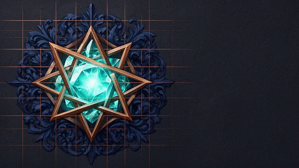 Glowing teal crystal in bronze/navy lattice, fresco texture; focal left, negative space right