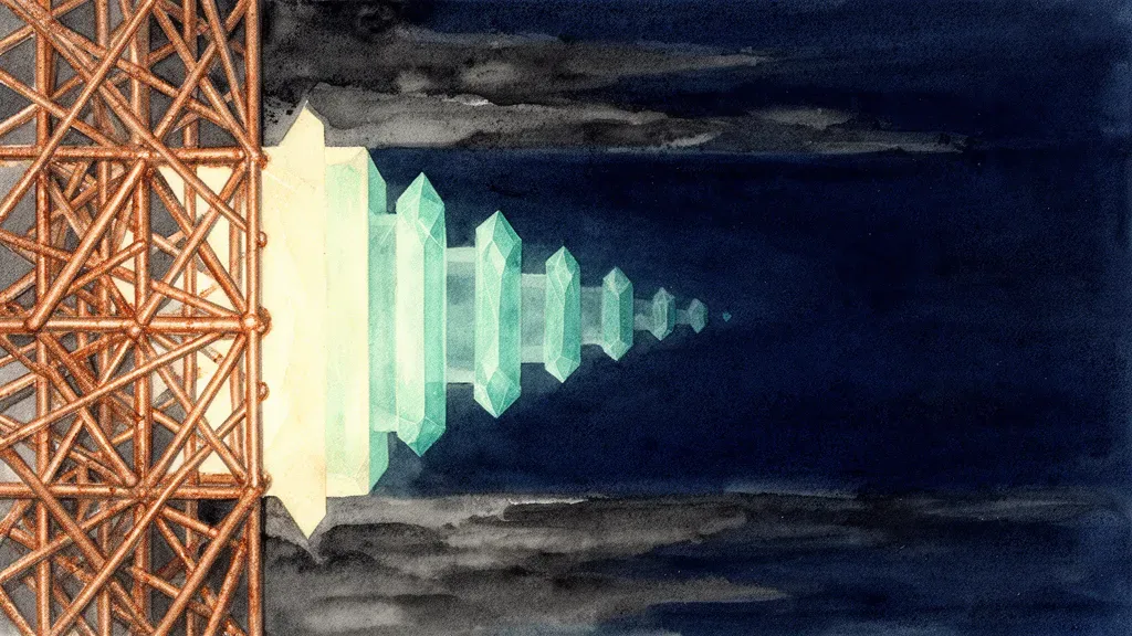 Abstract fresco: bronze lattice left, teal crystalline emergence, navy strata, 40% empty right