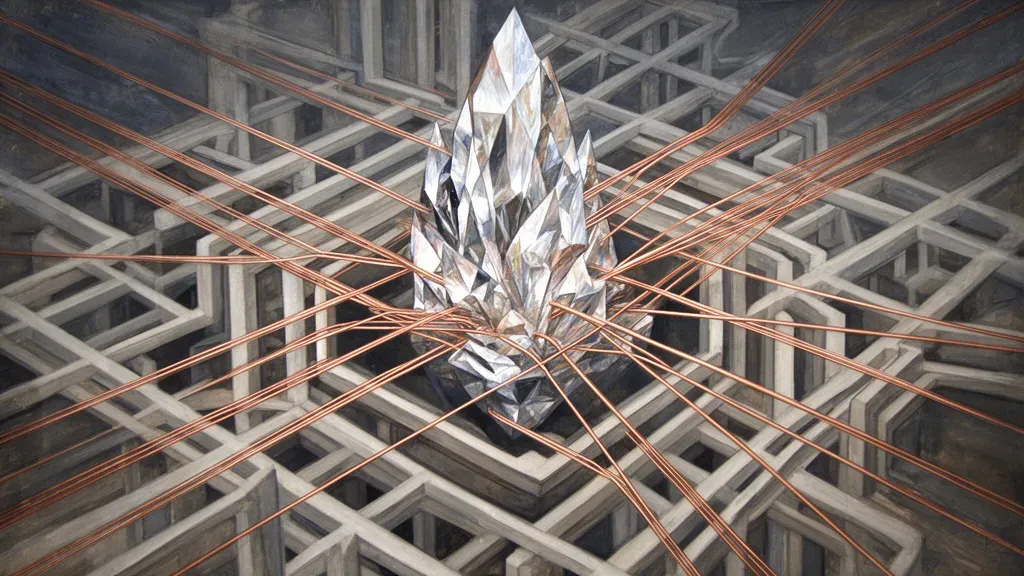 Abstract geometric lattice with crystalline focal point, copper lines; navy fresco texture, right space