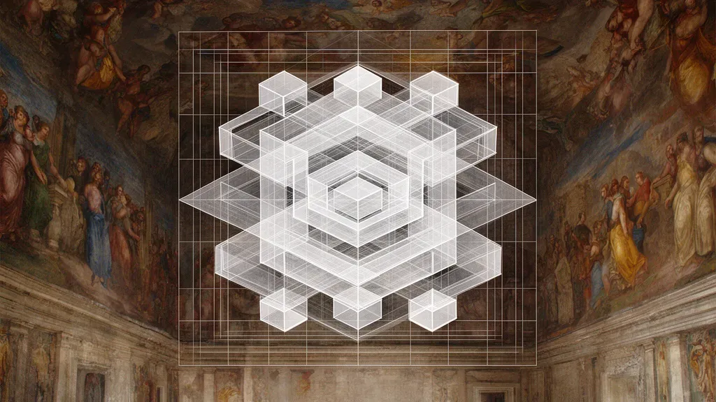 Abstract lattice fresco: navy grid, teal strata, copper channels; left focal, right space.