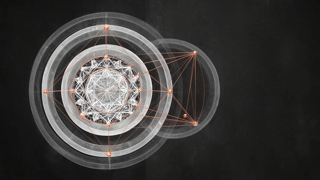 Abstract geometric medallion with copper filaments on navy gradient, heavy grain fresco texture