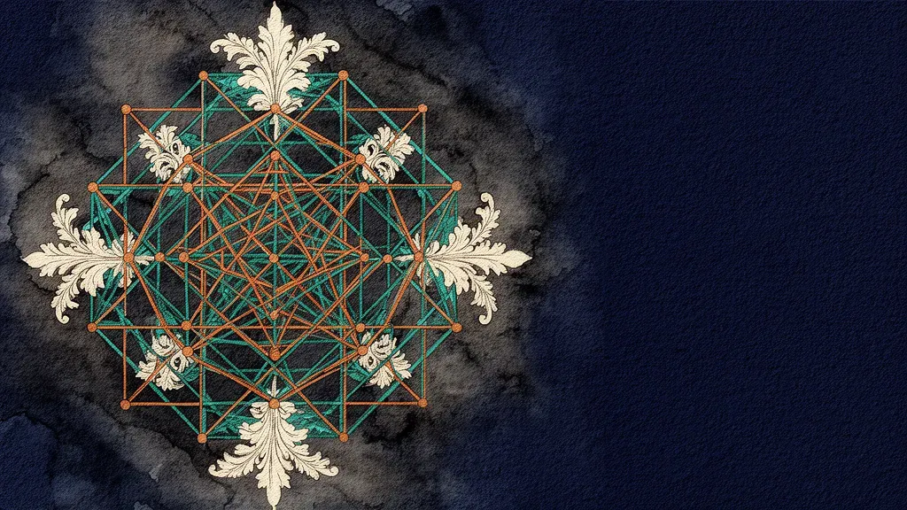 Geometric teal-copper lattice with cream baroque forms on textured navy; left focus, right space