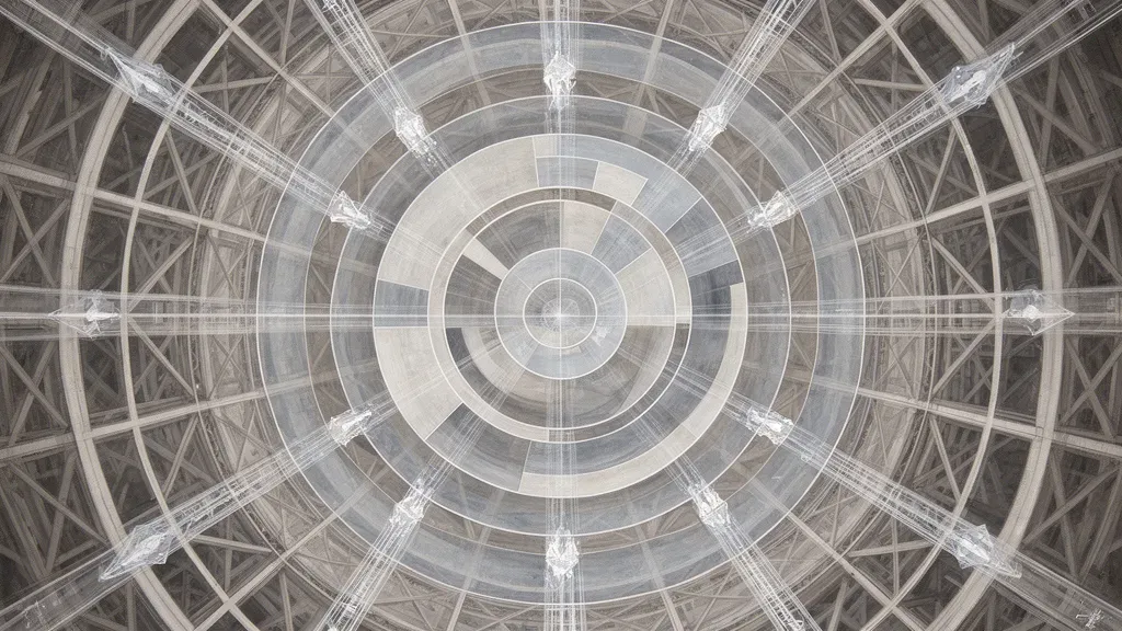 Abstract nested circles in teal on navy fresco lattice, copper core; textured, left focus, right space