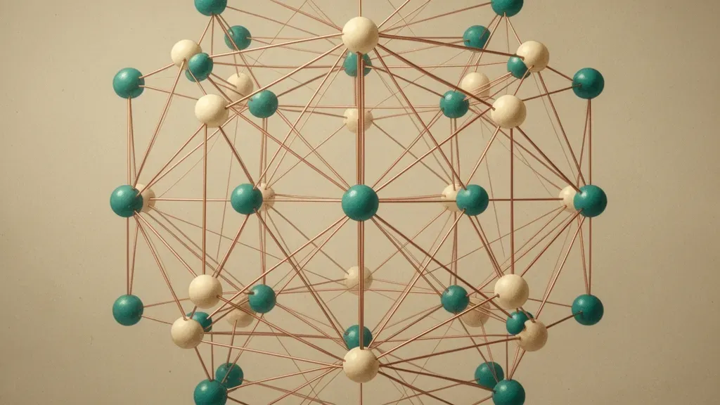 Abstract navy lattice with teal/cream nodes, copper lines, baroque texture; open right space