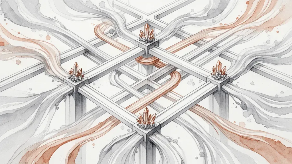 Geometric lattice with teal flows, copper crystals; aged navy fresco, left focal, right void