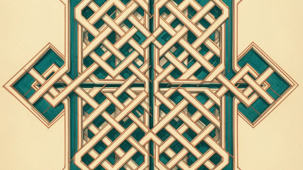 Asymmetric teal-cream geometric lattice with copper lines on navy fresco, grainy texture, right space