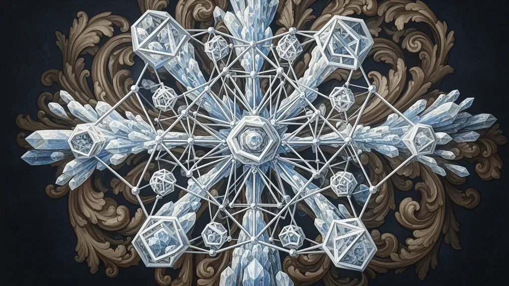 Abstract geometric lattice with teal nodes and copper highlights on navy fresco texture, left-focused.