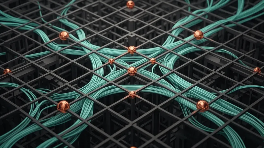 Abstract fresco-textured navy lattice with teal flows and sparse copper nodes; left focal, right space