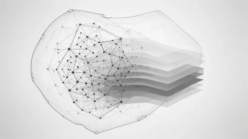 Abstract fresco lattice with teal flows to copper node; navy negative space right.