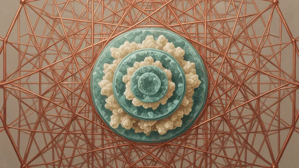 Abstract navy fresco with teal/cream medallion, copper lattice left; textured dark negative space right