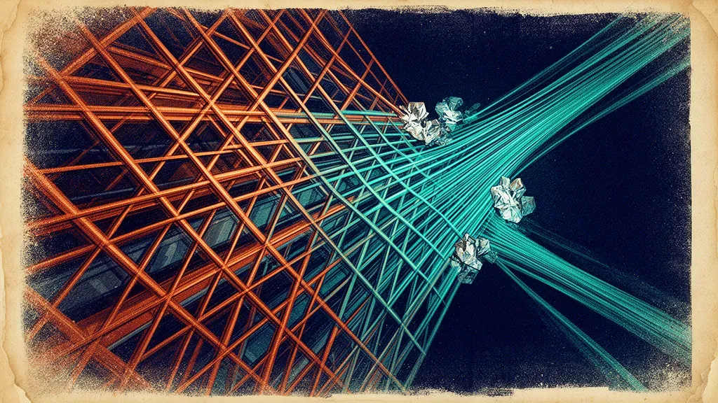 Abstract navy fresco lattice in teal/copper, compressed lines and crystalline nodes; left focal.