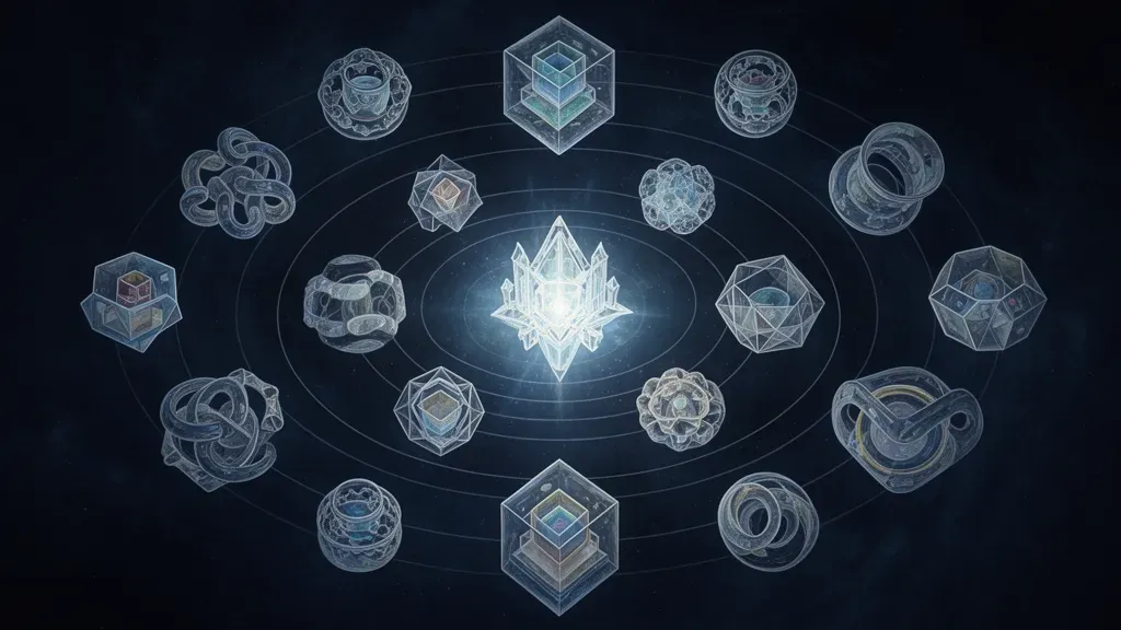 Abstract digital fresco: crystalline core left, orbiting vessels, copper lattice; navy/teal/cream on aged paper.