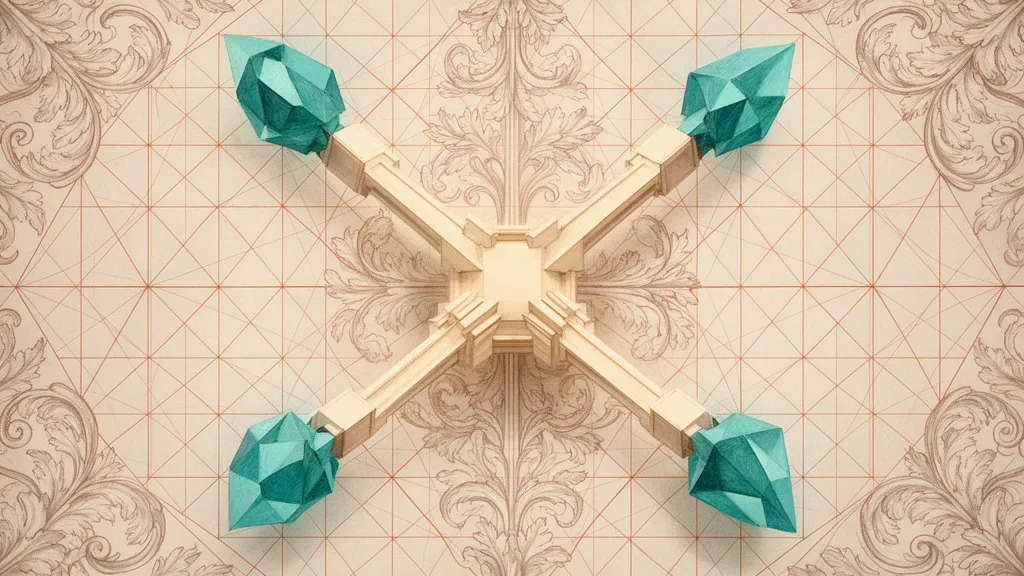Digital fresco: cream hub links to three teal crystals on navy, copper lattice, grainy texture.