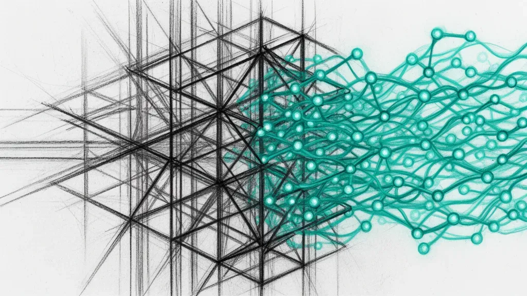 Abstract fresco: charcoal lattice into teal nodes on navy, cream crystals, copper focal left.