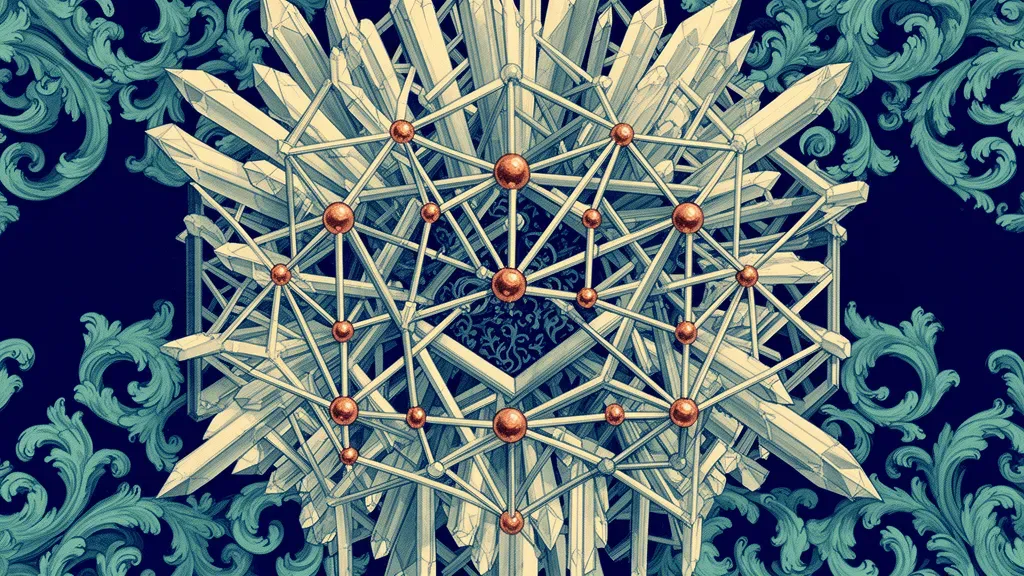 Abstract navy fresco lattice with teal swirls, copper nodes left; textured void right.