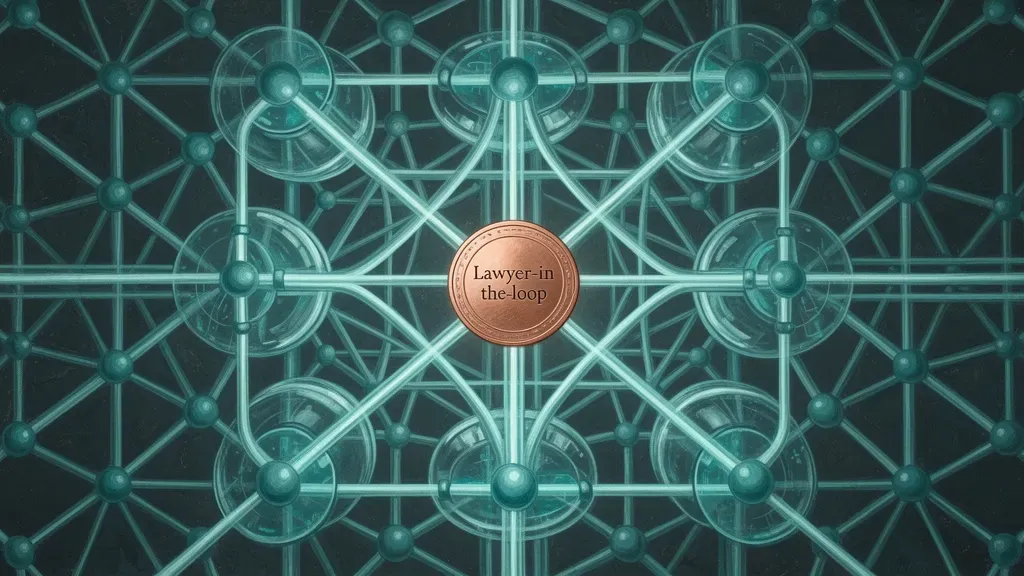 Abstract digital fresco: navy lattice, teal nodes and light channels, copper medallion left; textured.