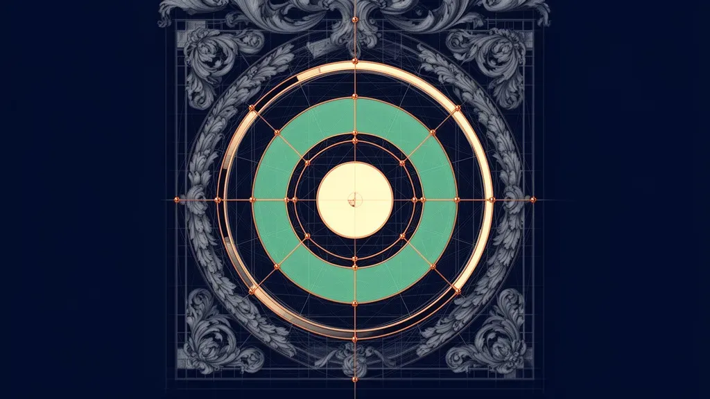 Abstract navy lattice with concentric circles, teal/cream segments, bronze nodes; aged fresco texture.