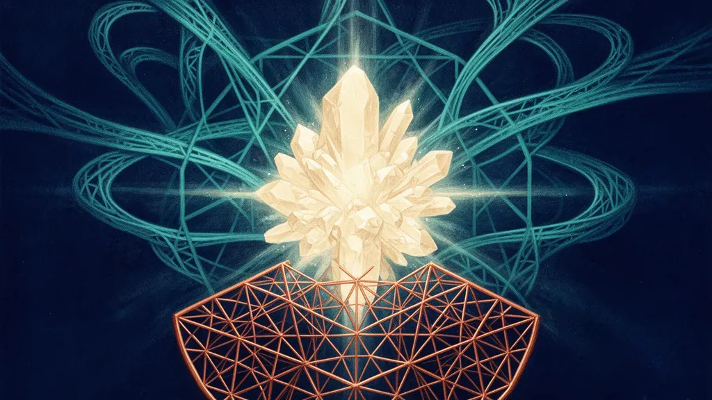 Radiant cream crystal node in navy, teal lattices spiraling, copper shield membrane below.