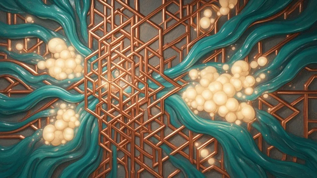 Copper lattice with teal flow and light blooms on navy fresco, left-of-center, wide negative space