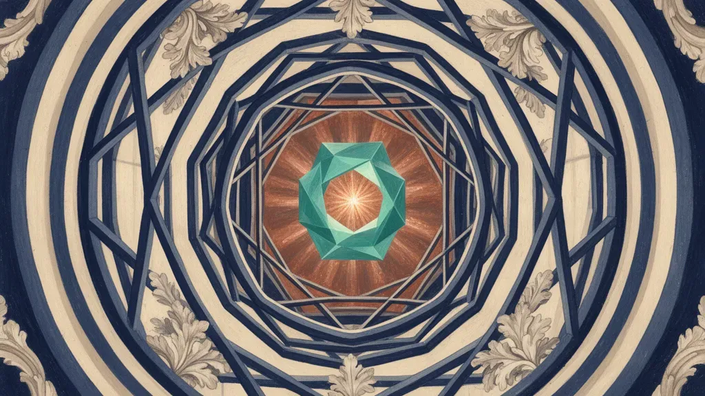 Abstract fresco: teal crystalline core with copper glow, ring lattice left; navy negative space right