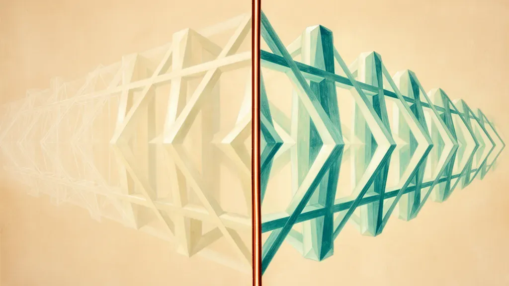 Abstract crystalline lattice fading to solid teal/cream, copper threshold; navy fresco grain, right void.