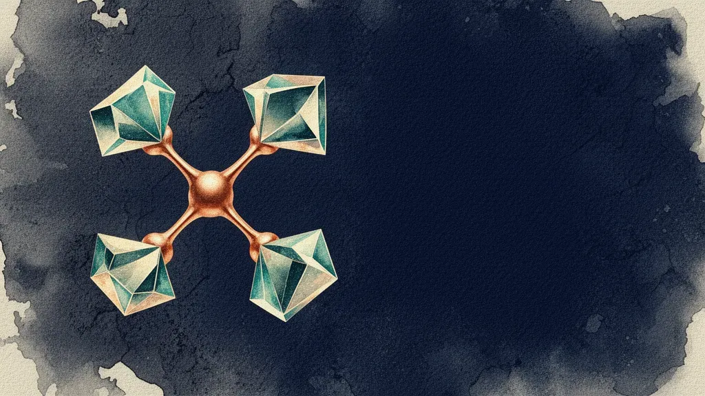 Four crystalline forms merge; copper nodes glow on navy fresco, space right for text