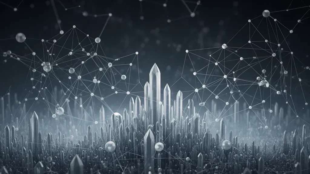 Abstract navy fresco with teal scrolls, left copper geometric medallion; lattice nodes, right space