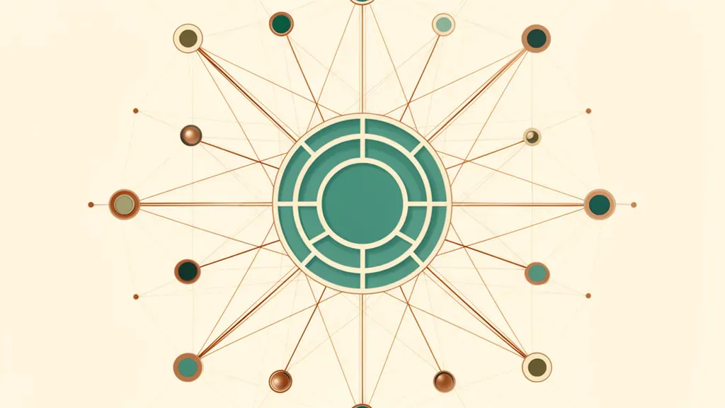 Geometric teal medallion with copper lattice and baroque flourishes on navy; right space.