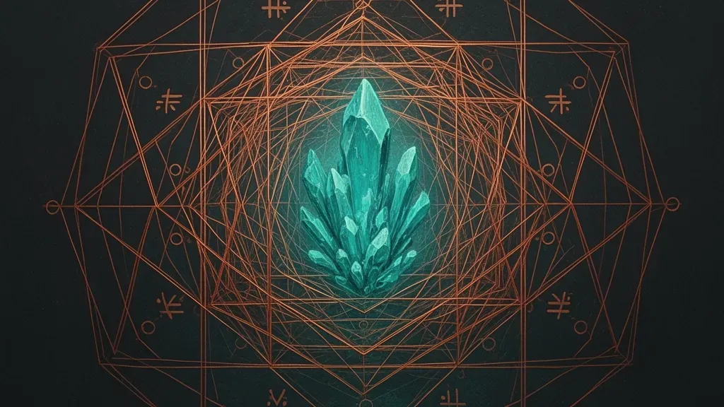 Geometric copper lattice around teal crystal core on navy fresco paper; negative space right