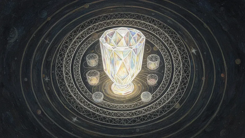Luminous crystal vessel left; concentric lattice rings; navy/teal/cream, copper accents, fresco grain.