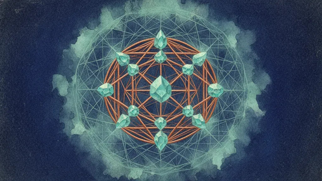 Geometric medallion of teal nodes and copper lines on navy fresco, left with right space