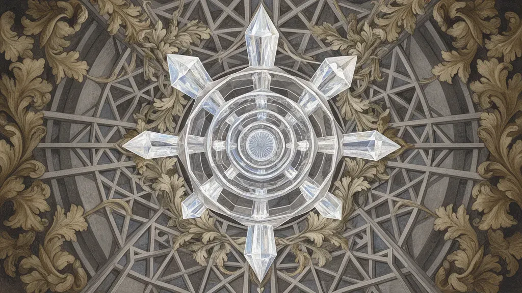 Abstract teal geometric lattice with copper accents on navy fresco background, left-centered.